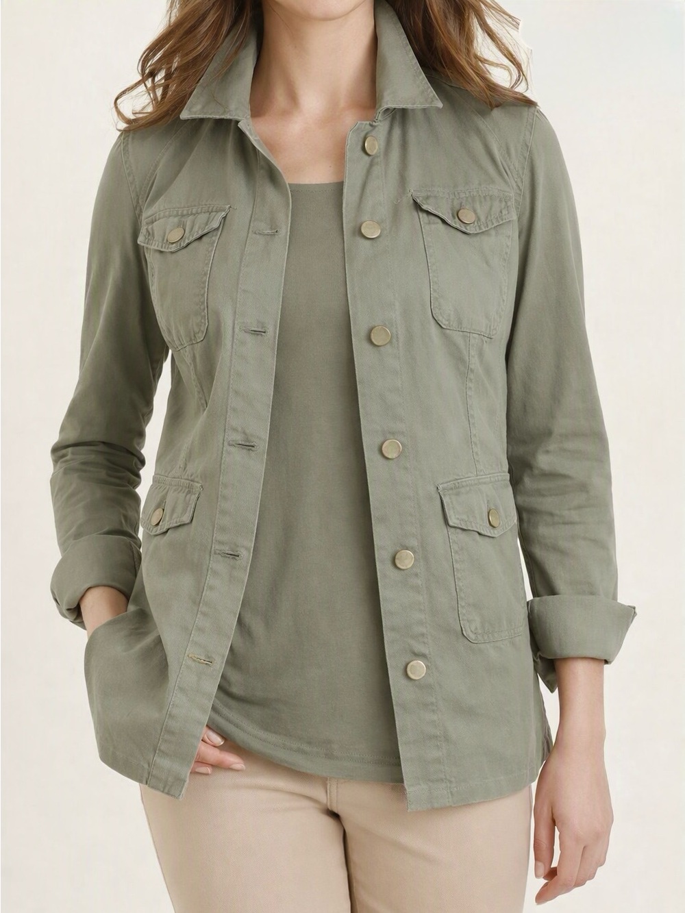 Chico’s Field Jacket Sateen Cotton Rayon Soft Stretch Olive Size 2 (large)